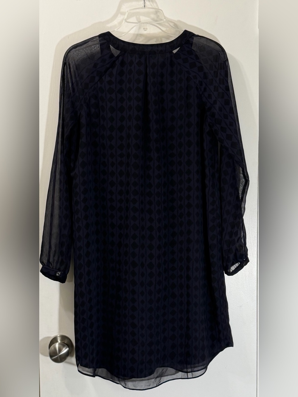 CAbi Navy and Black Geometric Sheer-Sleeve Long Dress